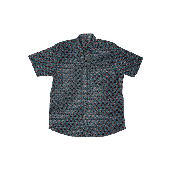 Unbranded Other - Mens Teal Blue Floral Block Print Short Sleeve Button Down Shirt Boho
